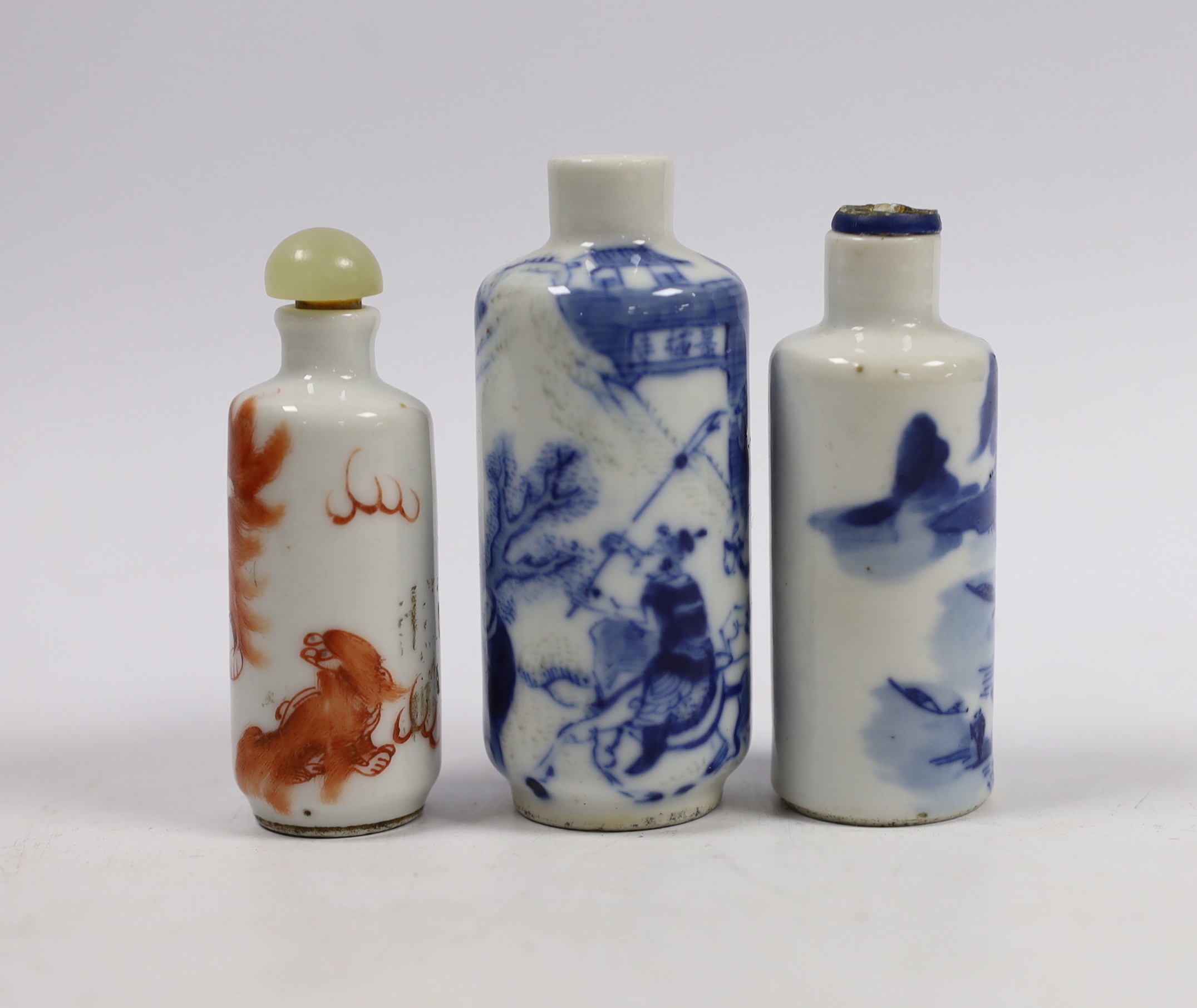 Three late 19th century Chinese porcelain snuff bottles, tallest 8cm